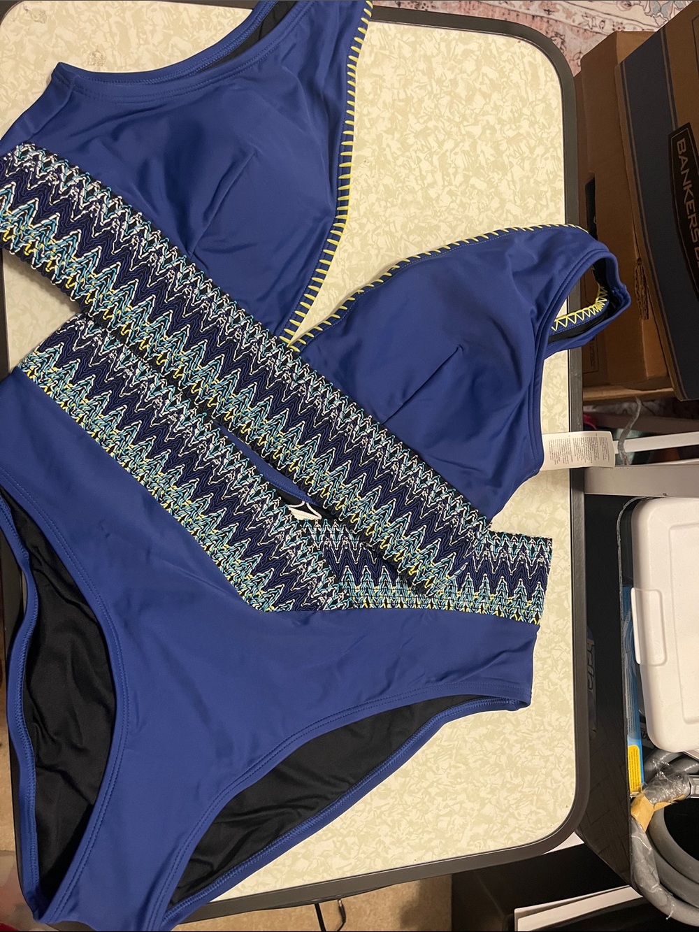 Cupshe Royal Blue Two Piece Swimsuit with Multicolor Zigzag Trim L